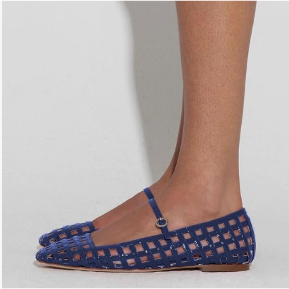 miss left Navy Cutout Adorable Square Toe Mary Jane Flat Adjustable Strap Buckle